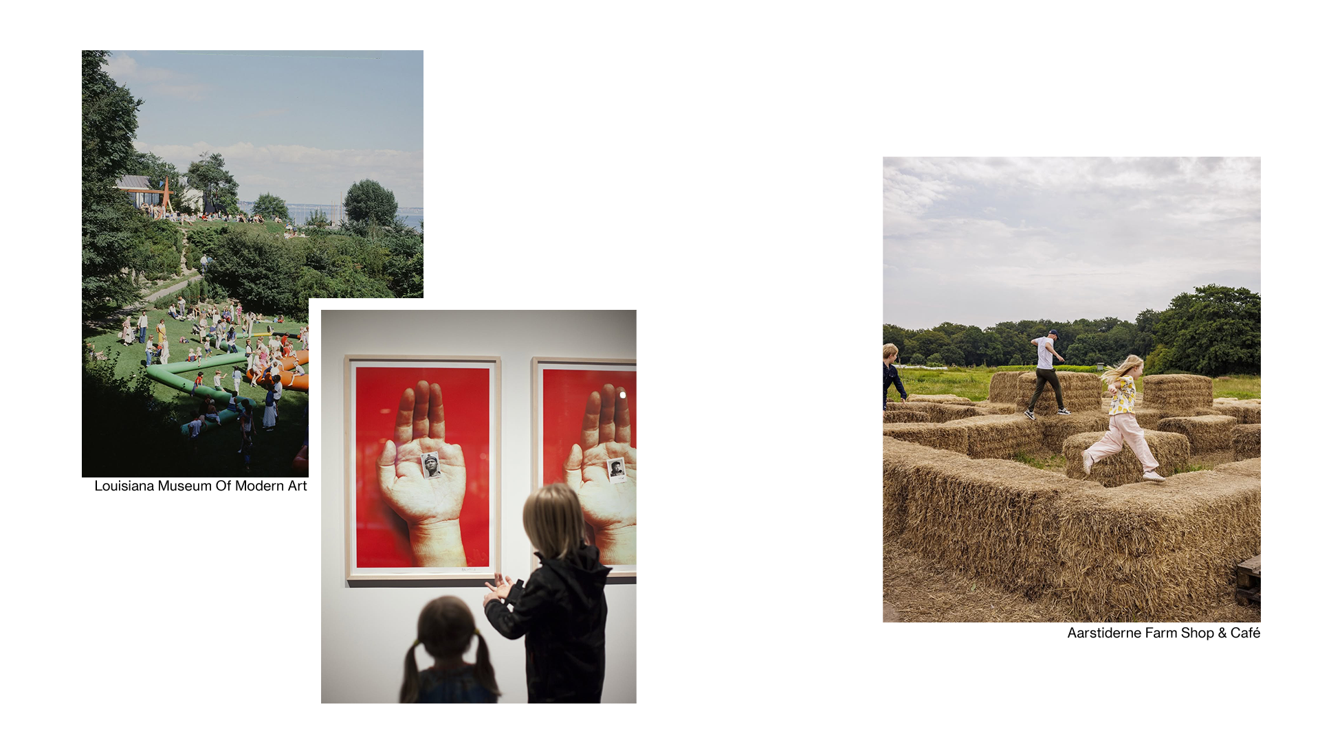 Collage of three images: a landscape, a museum exhibit, and a farm scene.