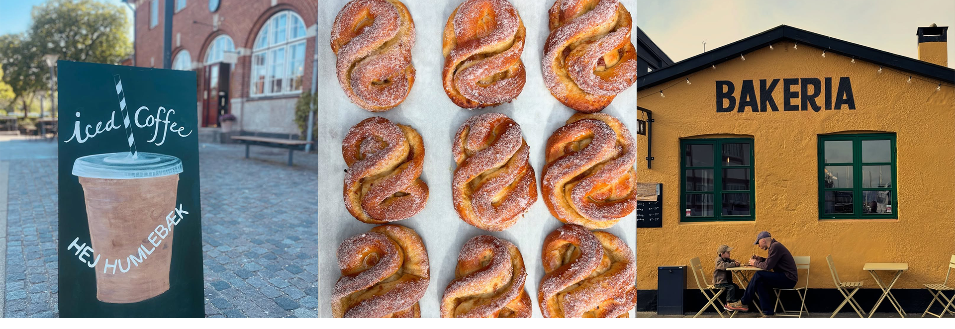 Collage of images including an iced coffee sign, pastries, and a bakery exterior.
