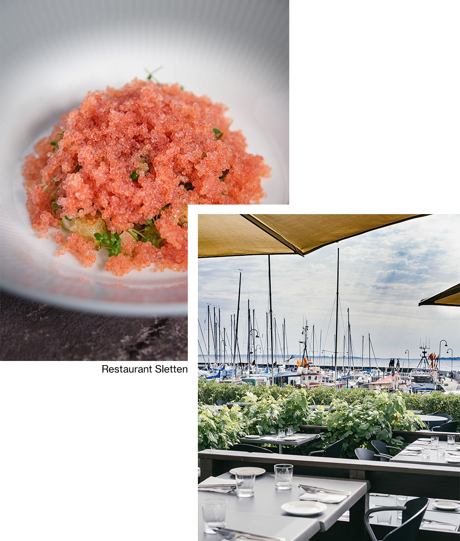 Collage of a dish with pink food, a restaurant name, and an outdoor dining area with boats.