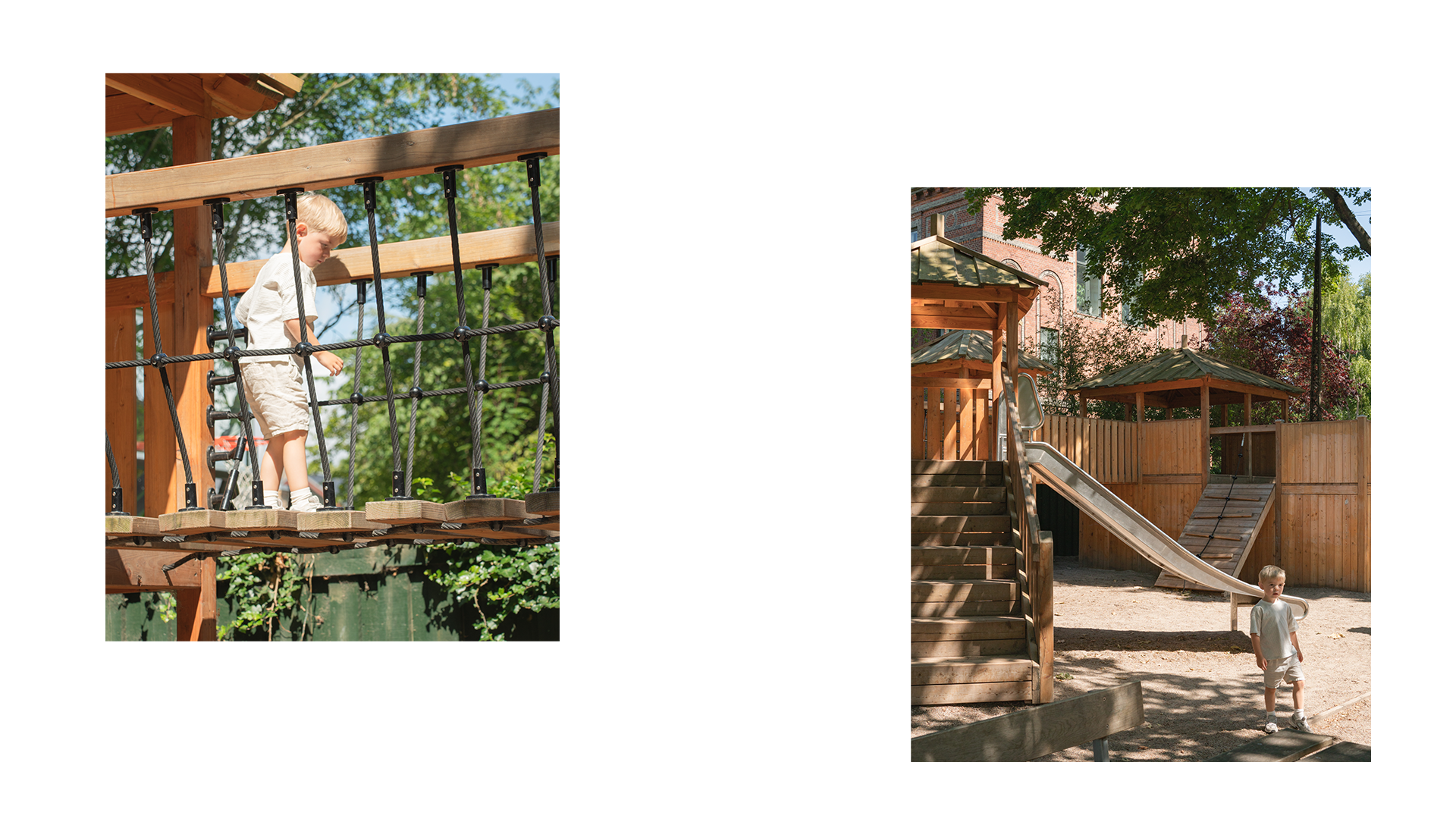Children playing on a wooden playground structure with slides and platforms.