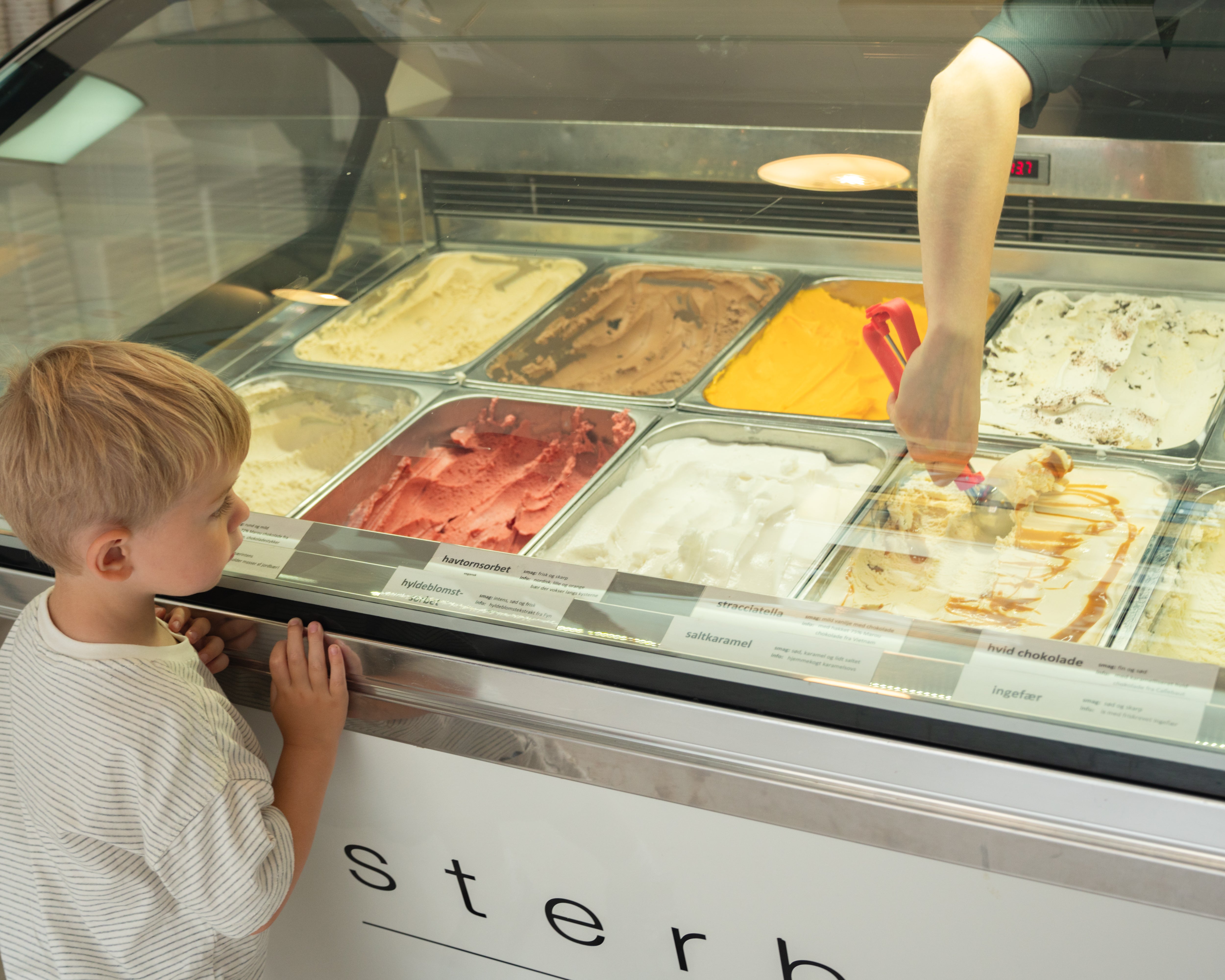 Child looking at ice cream flavors in a display case