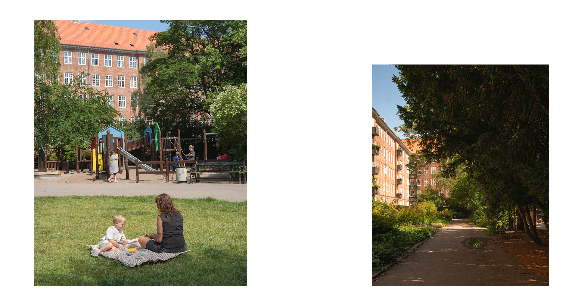 Two images: one of a woman and child sitting on grass with playground in the background, and another of a tree-lined street.
