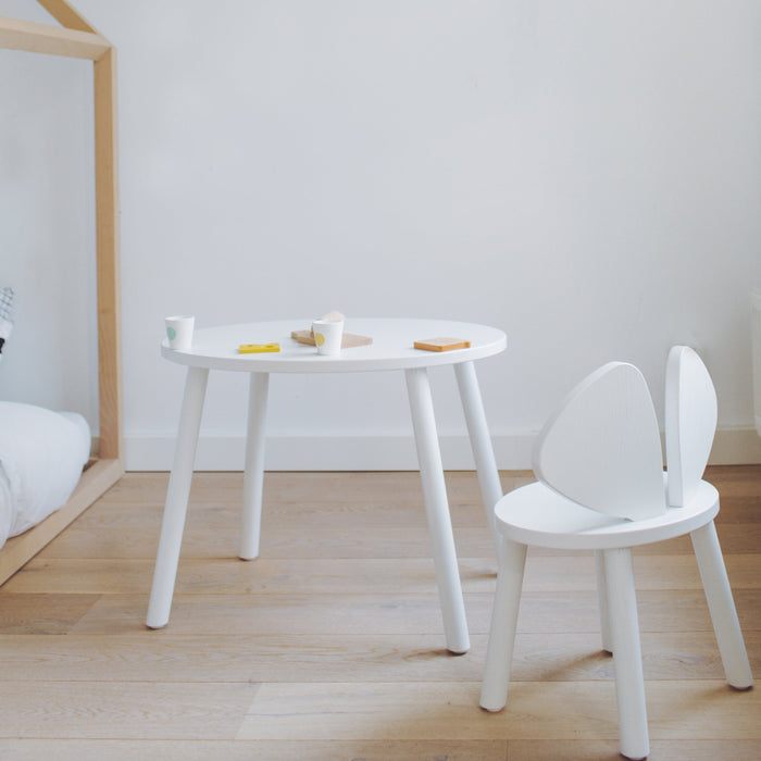 Kids white wood chair and table for playtime