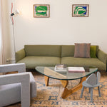 Living room with green sofa, glass coffee table, and decorative elements.