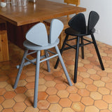 Two stools, one gray and one black, in a kitchen setting with a wooden table and hexagonal tiles.