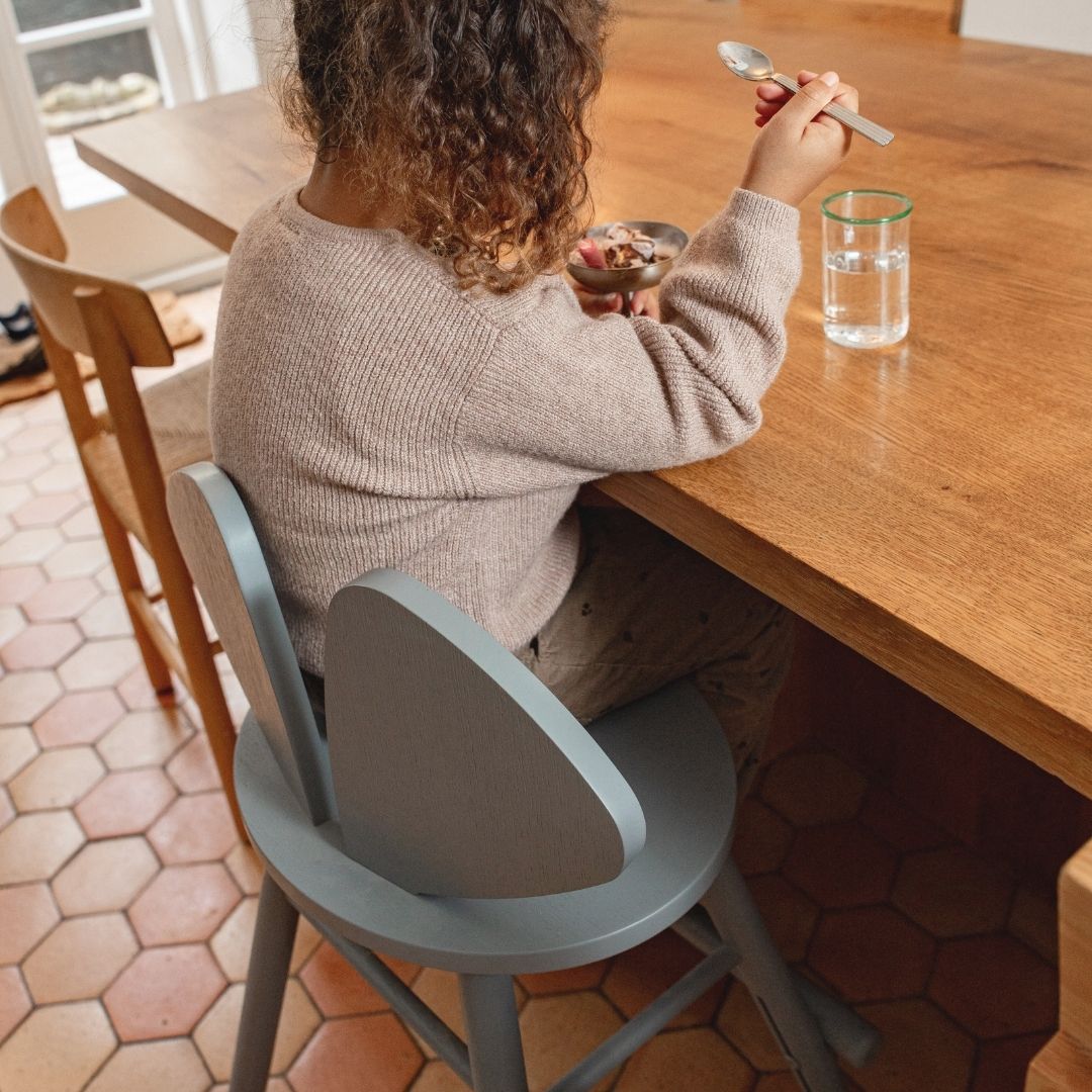 Person sitting at a wooden table eating from a bowl with a spoon, wearing a beige sweater.