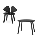 A black wooden chair with a unique wing-like backrest and a round side table with four legs, shown on a plain white background.