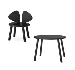 A black wooden chair with a unique wing-like backrest and a round side table with four legs, shown on a plain white background.