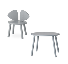 A light gray children's chair with a butterfly-like wing back and a matching round side table, shown on a plain white background.