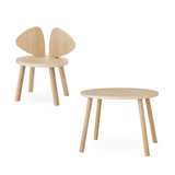 A light natural wood children's chair with a wingback-style back and a matching round side table, shown on a clean white background.