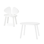 A white children's chair and matching round side table shown on a clean white background.