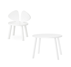 A white children's chair and matching round side table shown on a clean white background.