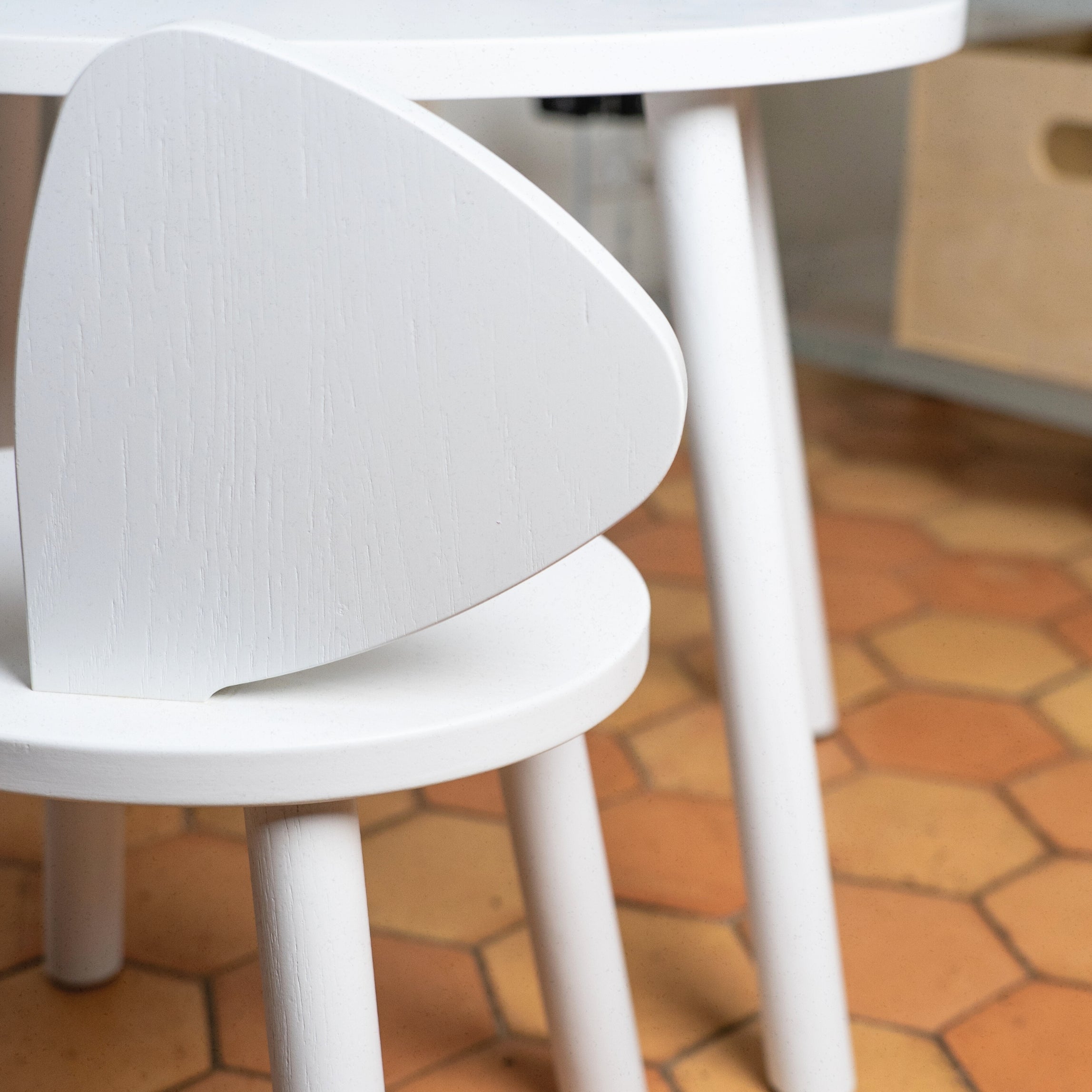 A detailed photo of a wooden white chair back side 