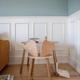 Two wooden chairs in a room with light blue walls and white wainscoting.