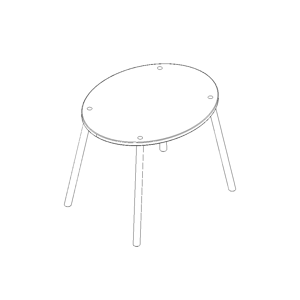 Line drawing of a round table with four legs on a white background