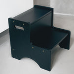 Dark green two-step stool on a white background