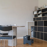 Modern interior with a dining table, chairs, and a black step stool against a wall with shelves.