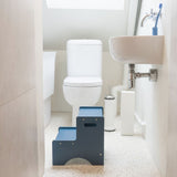 Blue step stool in a bathroom setting with toilet and sink.