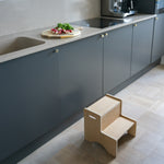 Step up stool in a modern kitchen setting with gray cabinets and a light-colored floor.