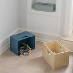 two storage boxes in the living room, one of which filled with toys