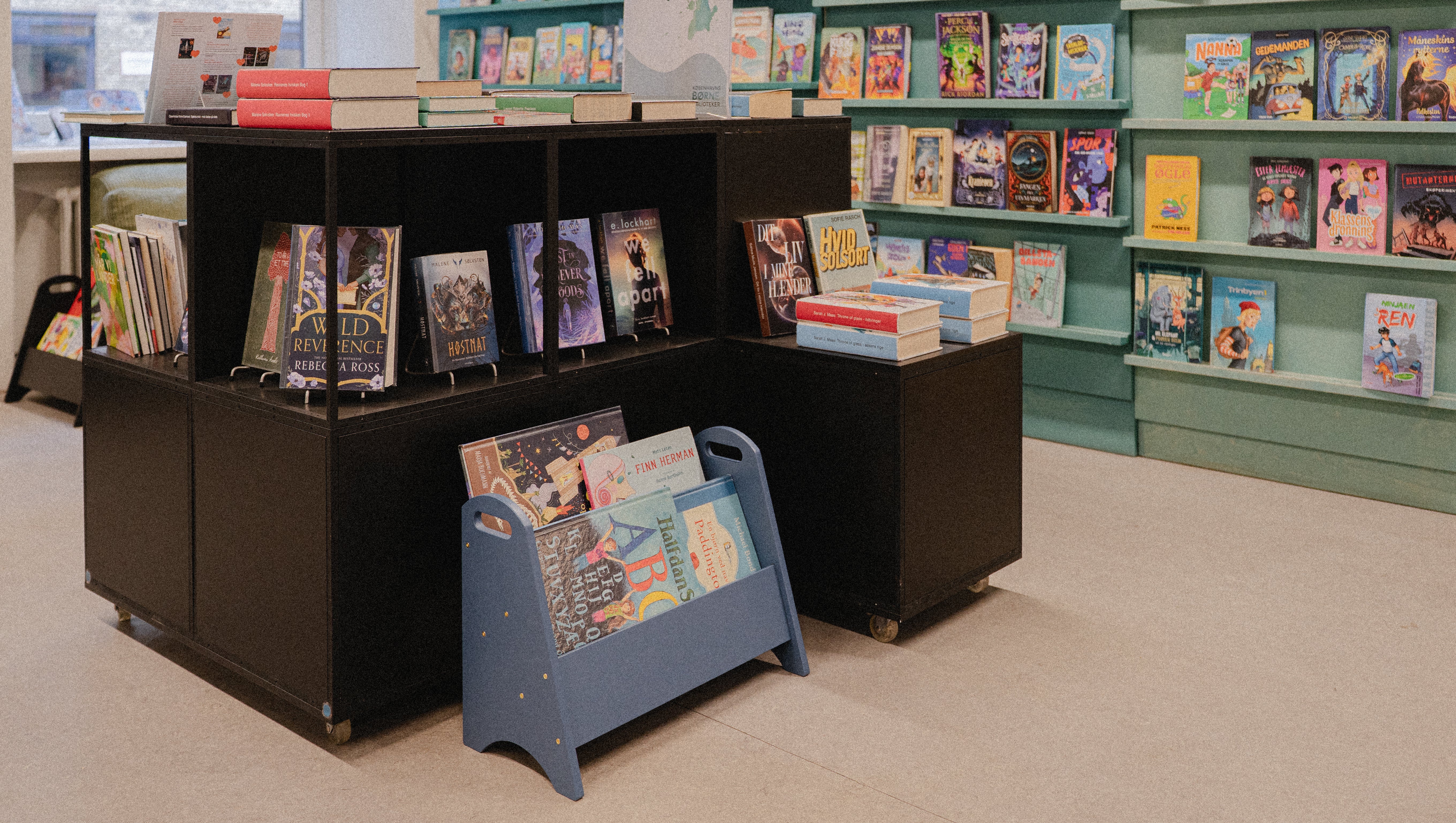 Book display with books on shelves and a blue rack in a store setting