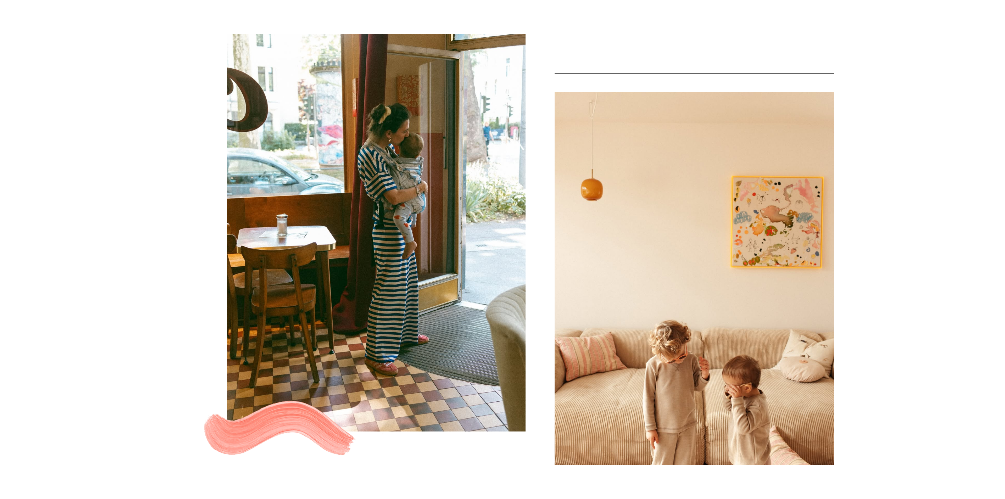 Woman in a striped dress standing in a cafe with a checkered floor, and two children standing on a couch in a living room.