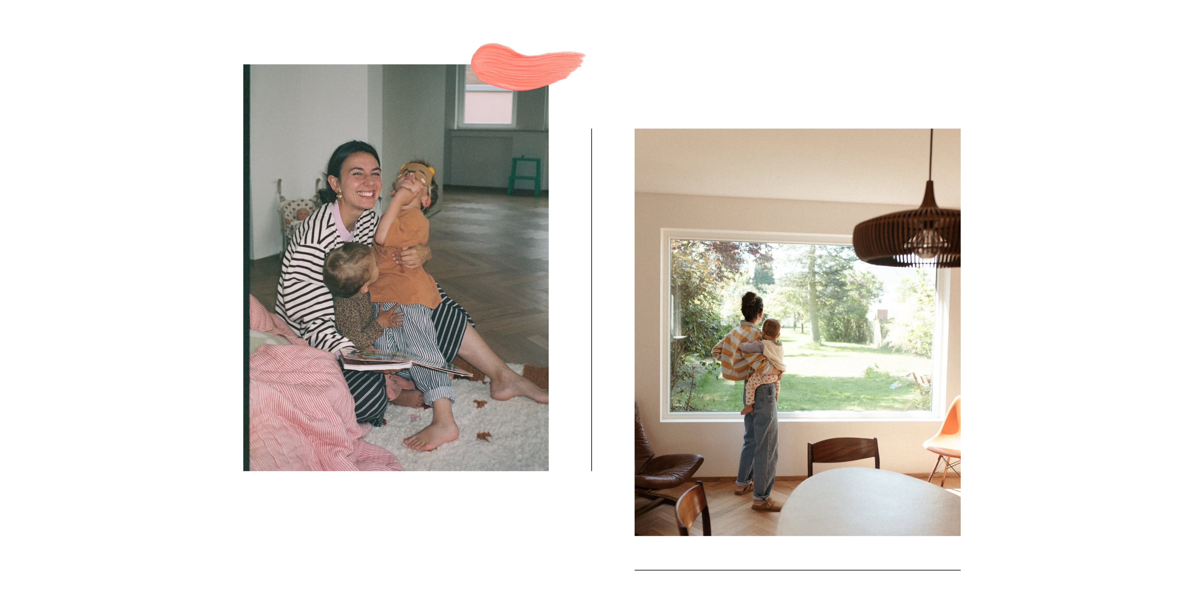 Two images: one of a woman holding a child in a room with a pink accent, and another of a woman standing by a window in a home setting.