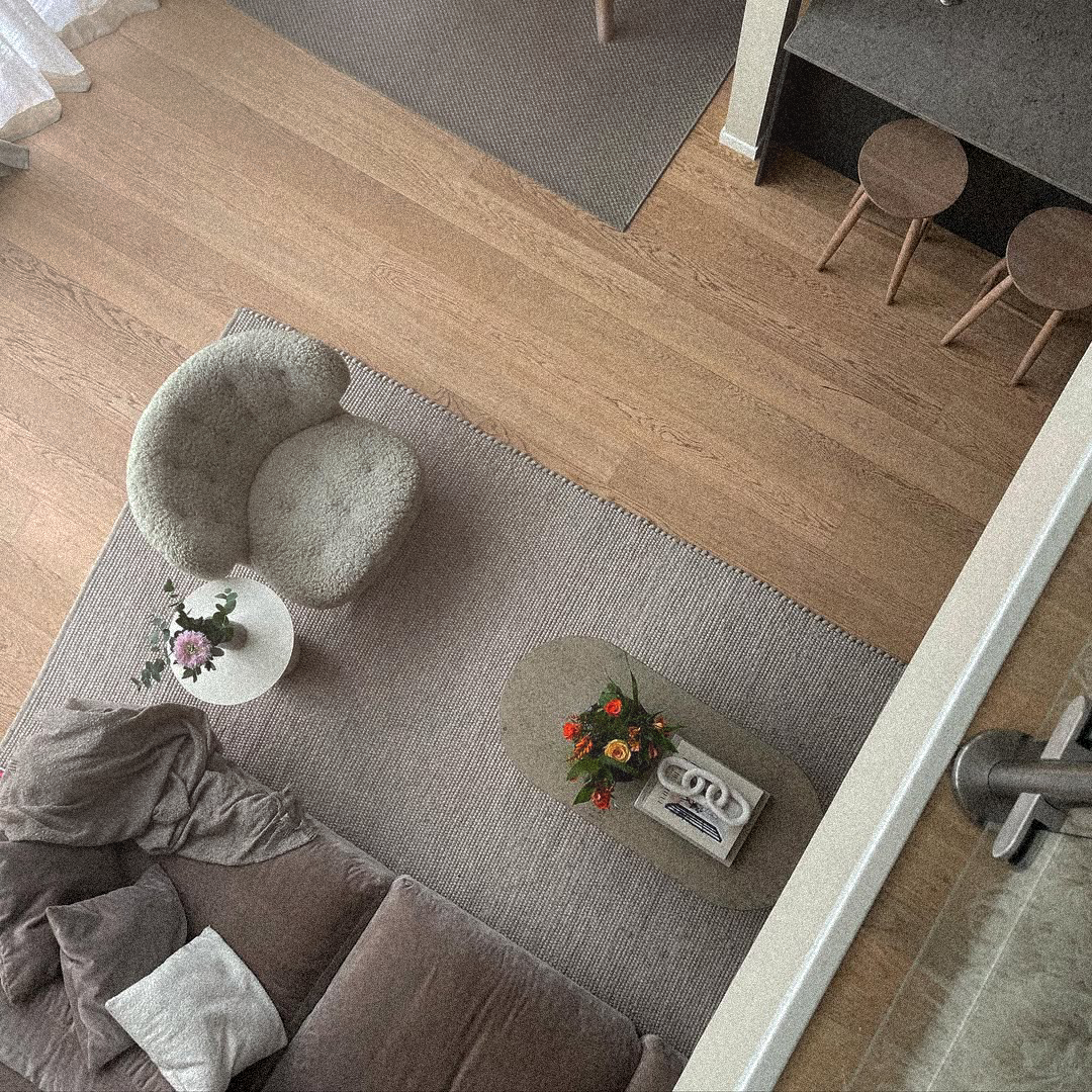 Living room with a gray rug, brown sofa, and decorative items.
