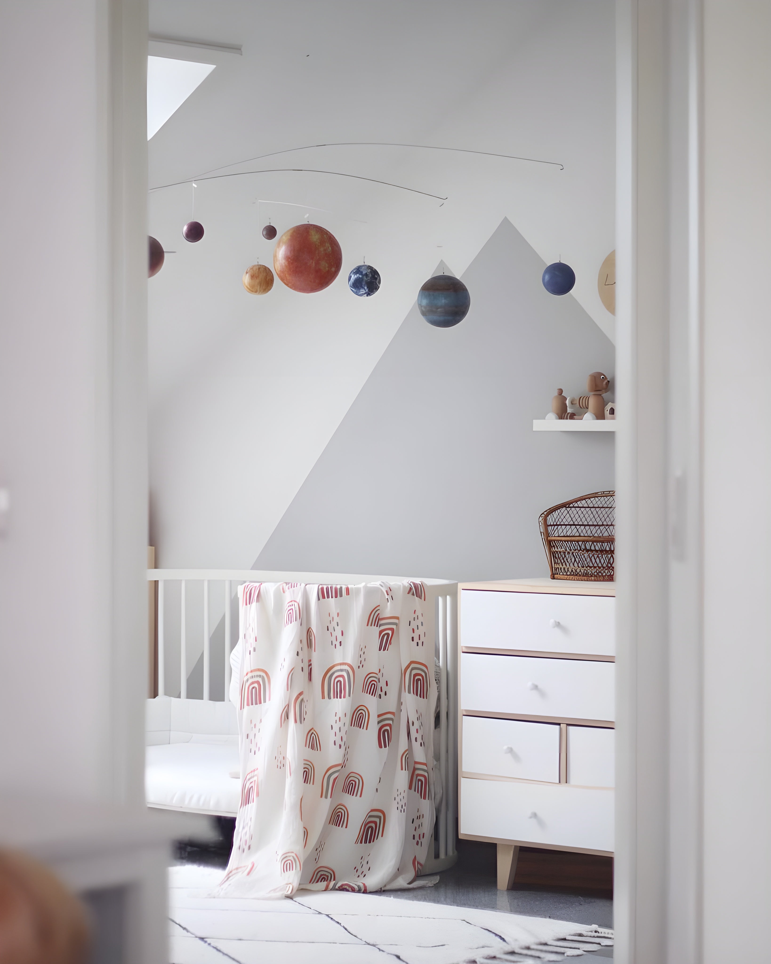 Nursery room with a crib, dresser, and wall with planet decorations.