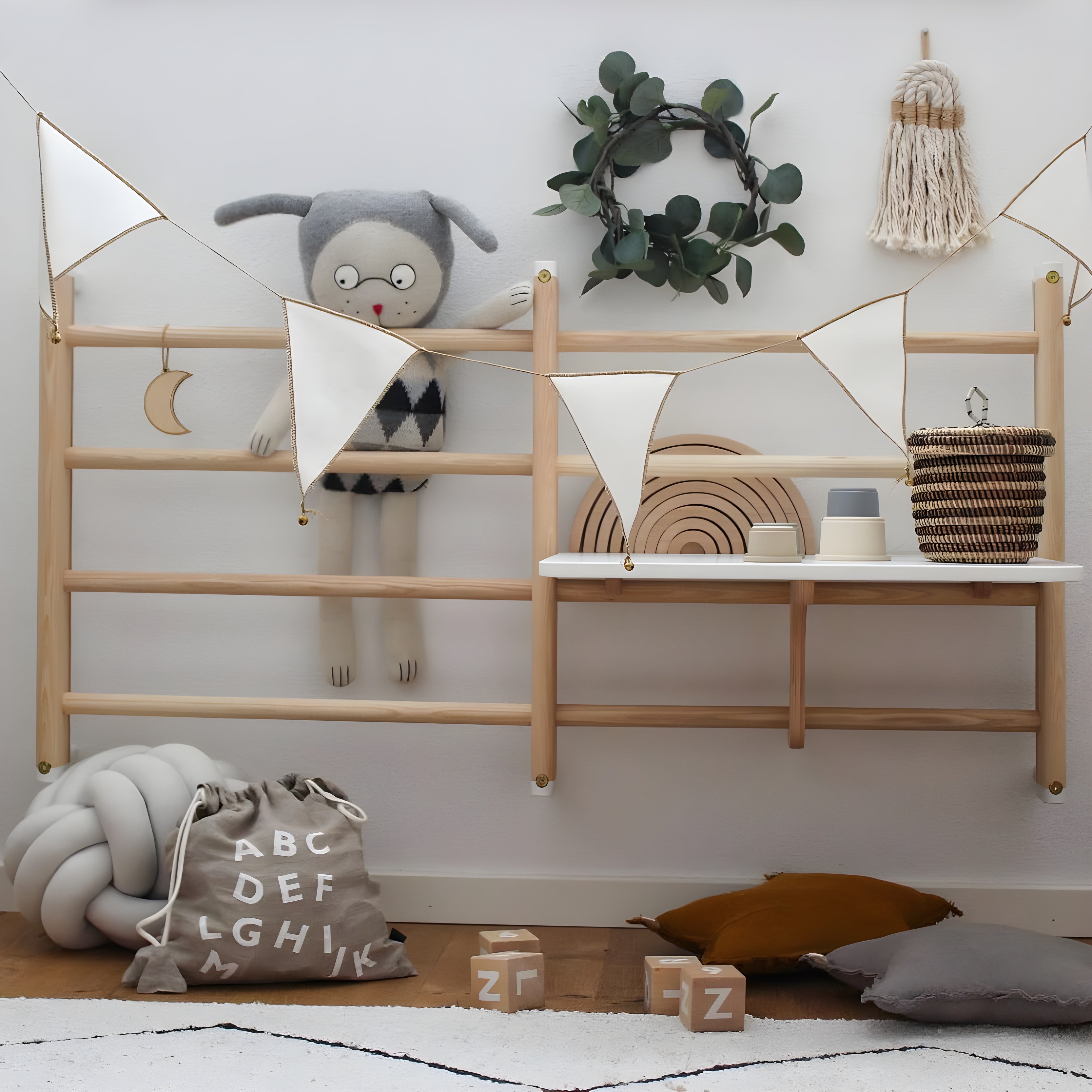 Children's room with wooden shelf, toys, and decorative items on a light gray wall.