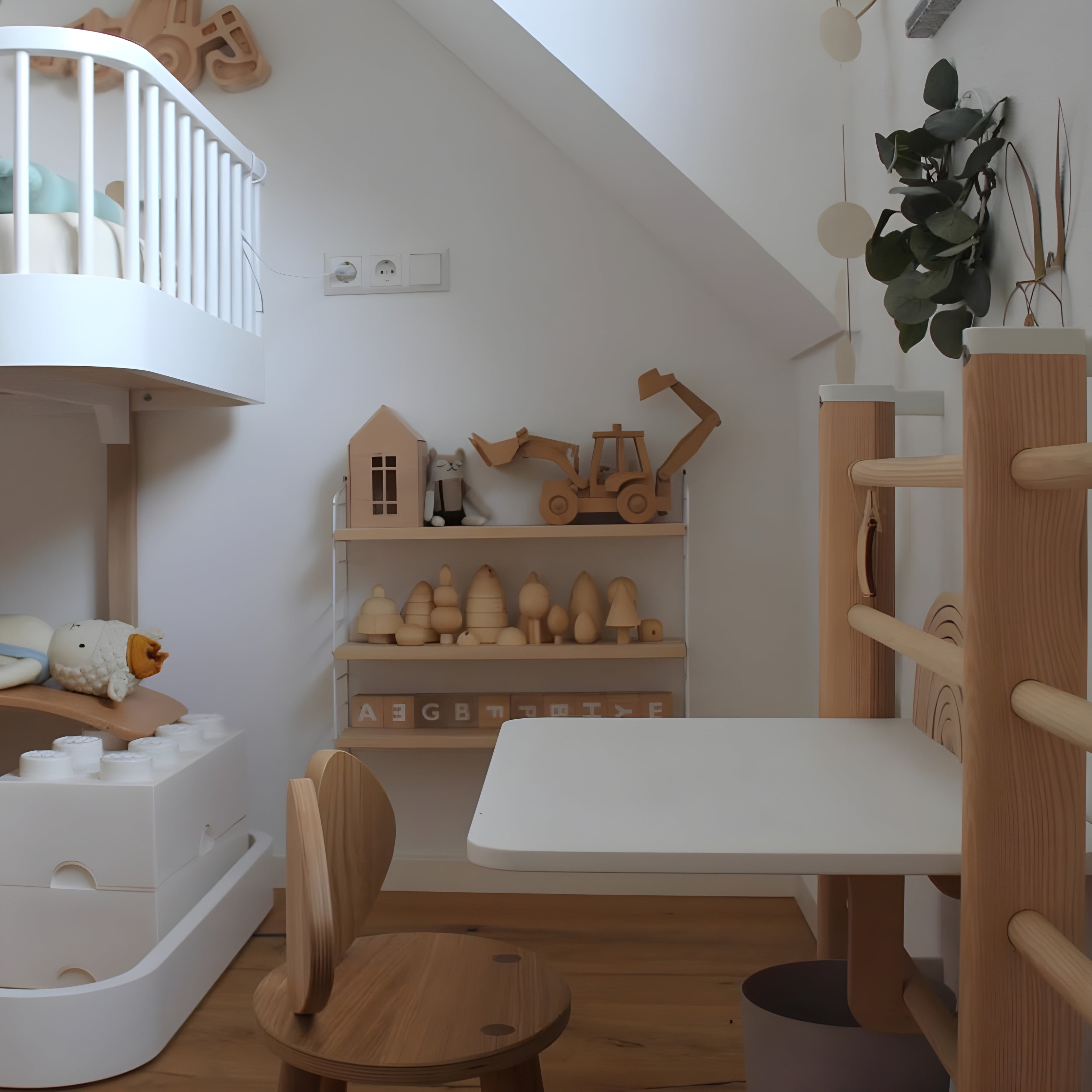 Children's playroom with wooden toys and furniture