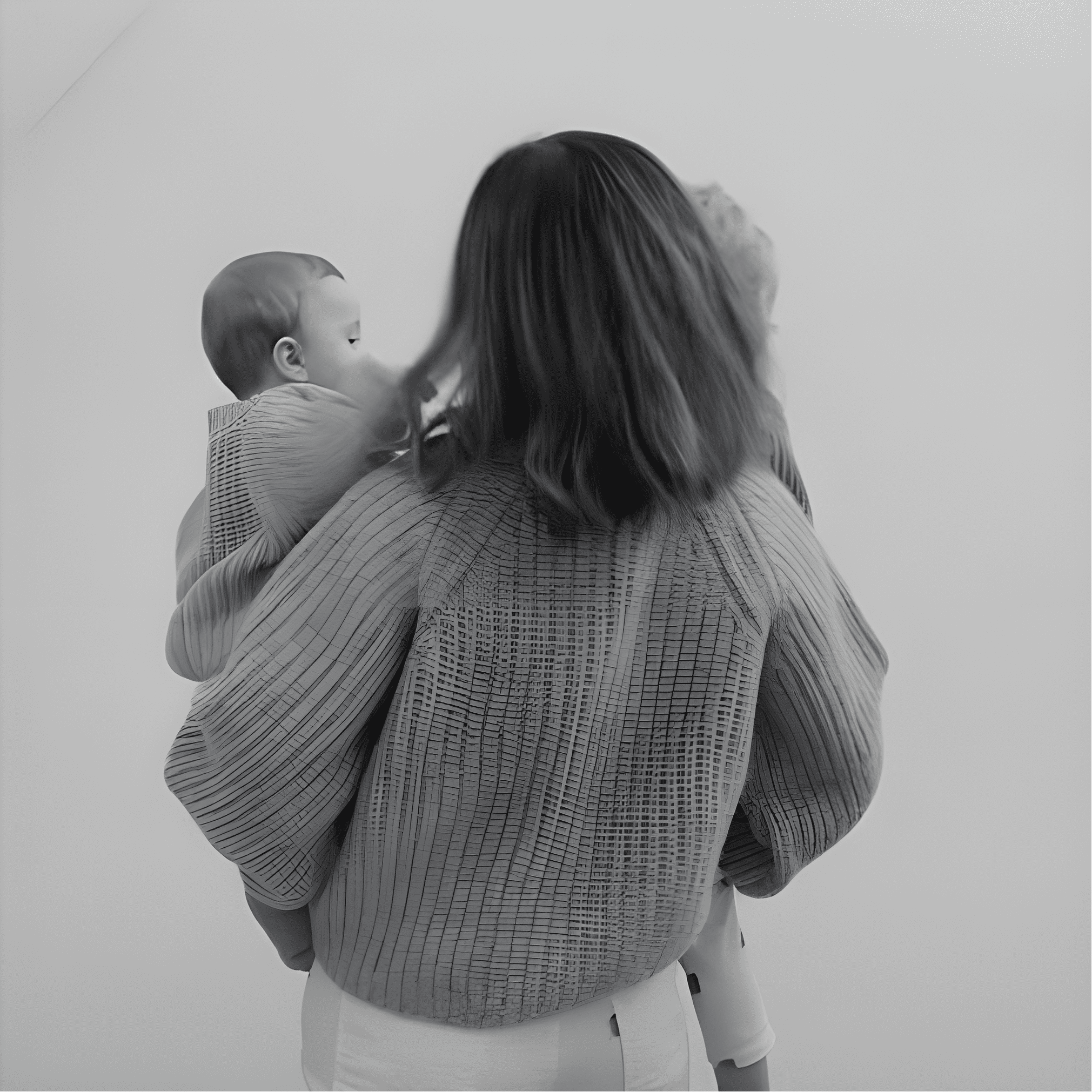woman holding a baby from behind against a plain background