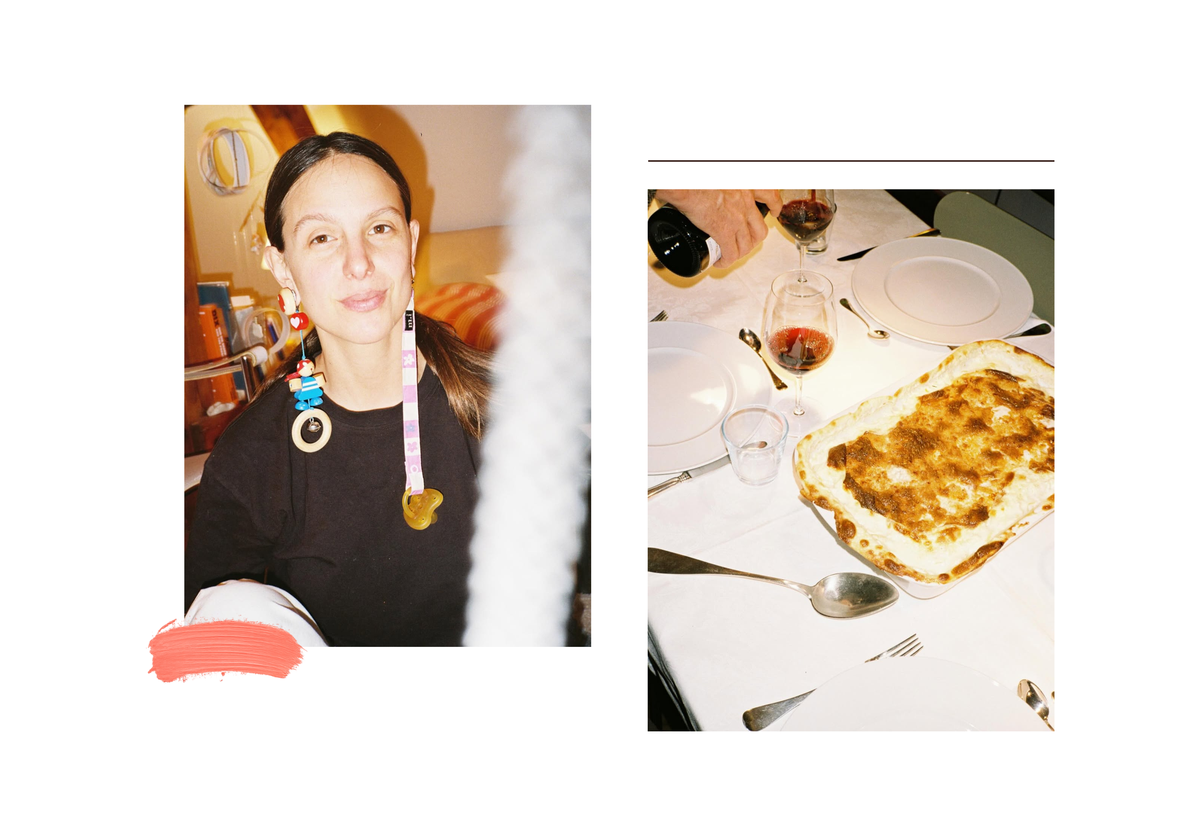 Person with colorful earrings and a dish of lasagna on a table.