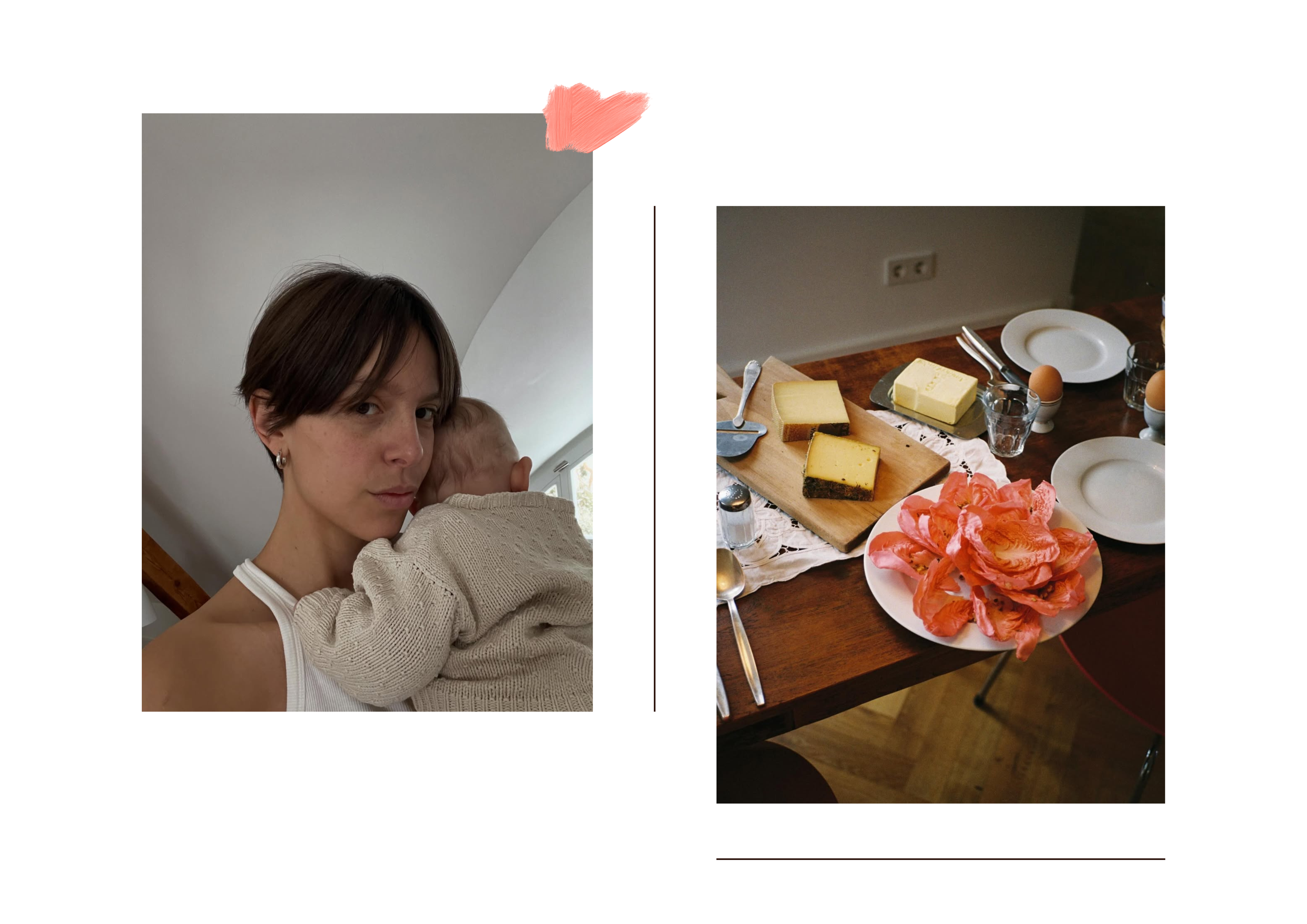 Woman holding a baby on the left, and a table with food on the right.