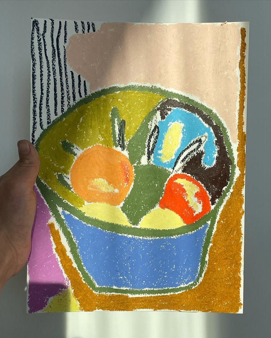 Colorful drawing of a still life scene with fruits and a pot held by a hand.