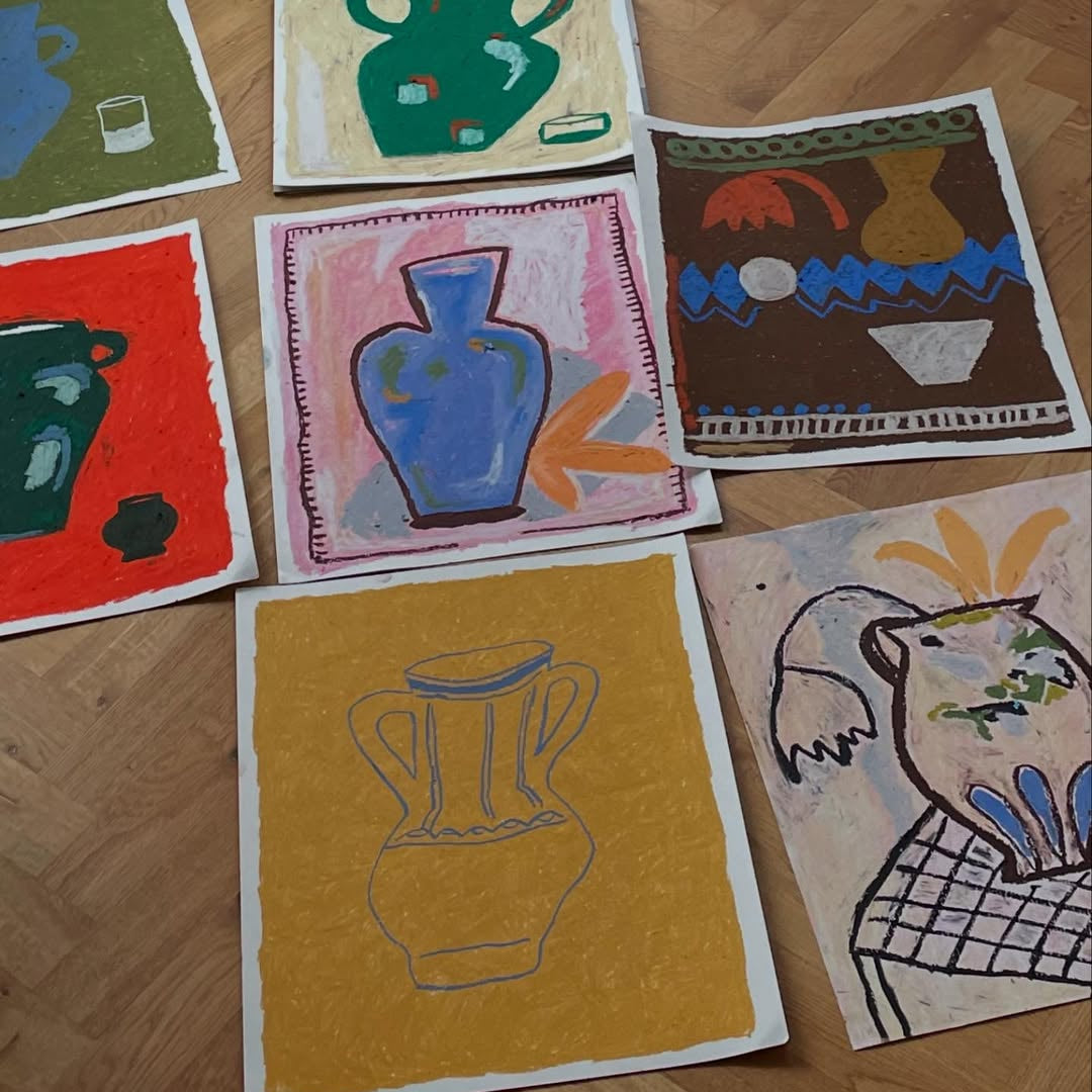 Collection of hand-drawn artwork on paper featuring various vases on a wooden floor.