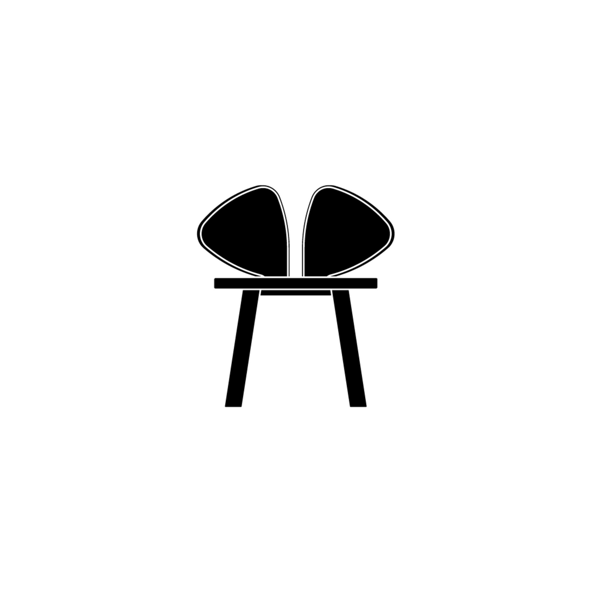 A minimalist black icon of a chair with two rounded back cushions and three legs, centered on a plain white background.