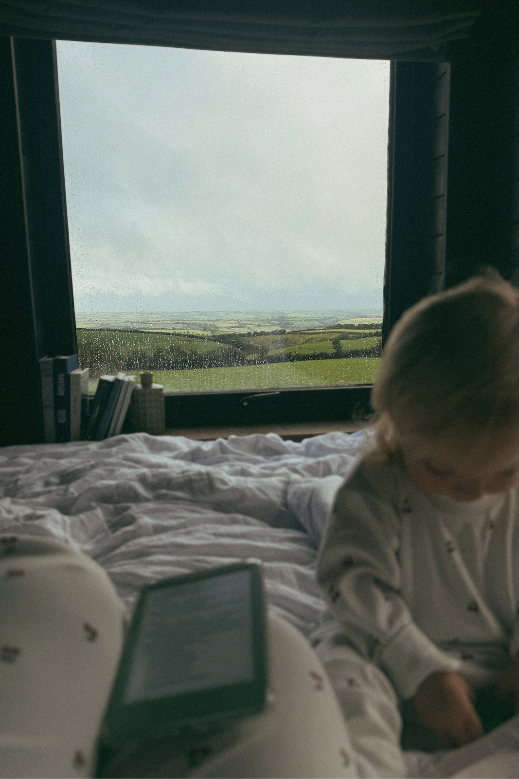 Child sitting on a bed looking out a window with a scenic view.