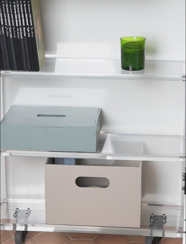 Kiddo Tool Box in Olive Green and Kiddo Box in Beige on a shelf