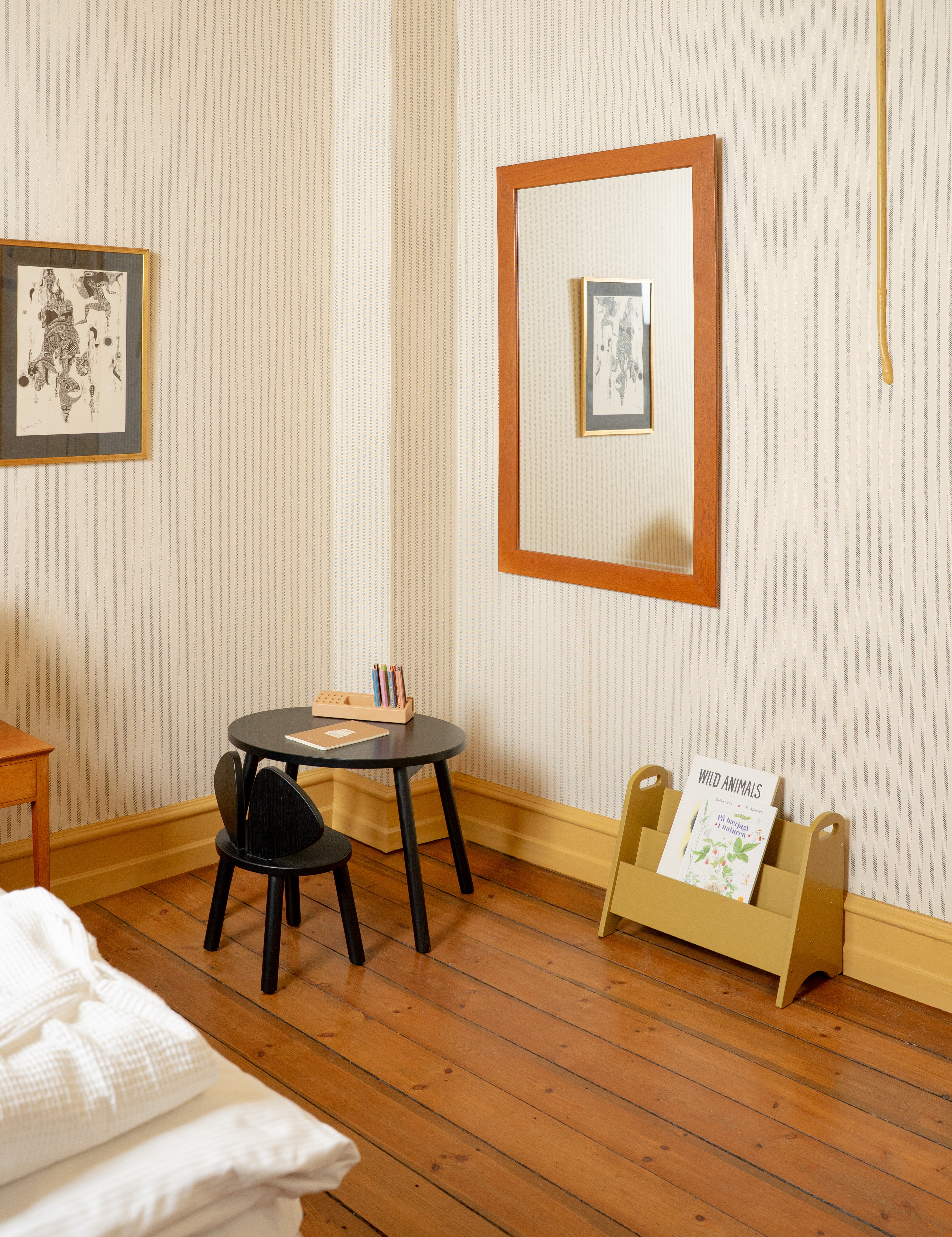 Small room with wooden floor, desk, chair, and wall decorations.