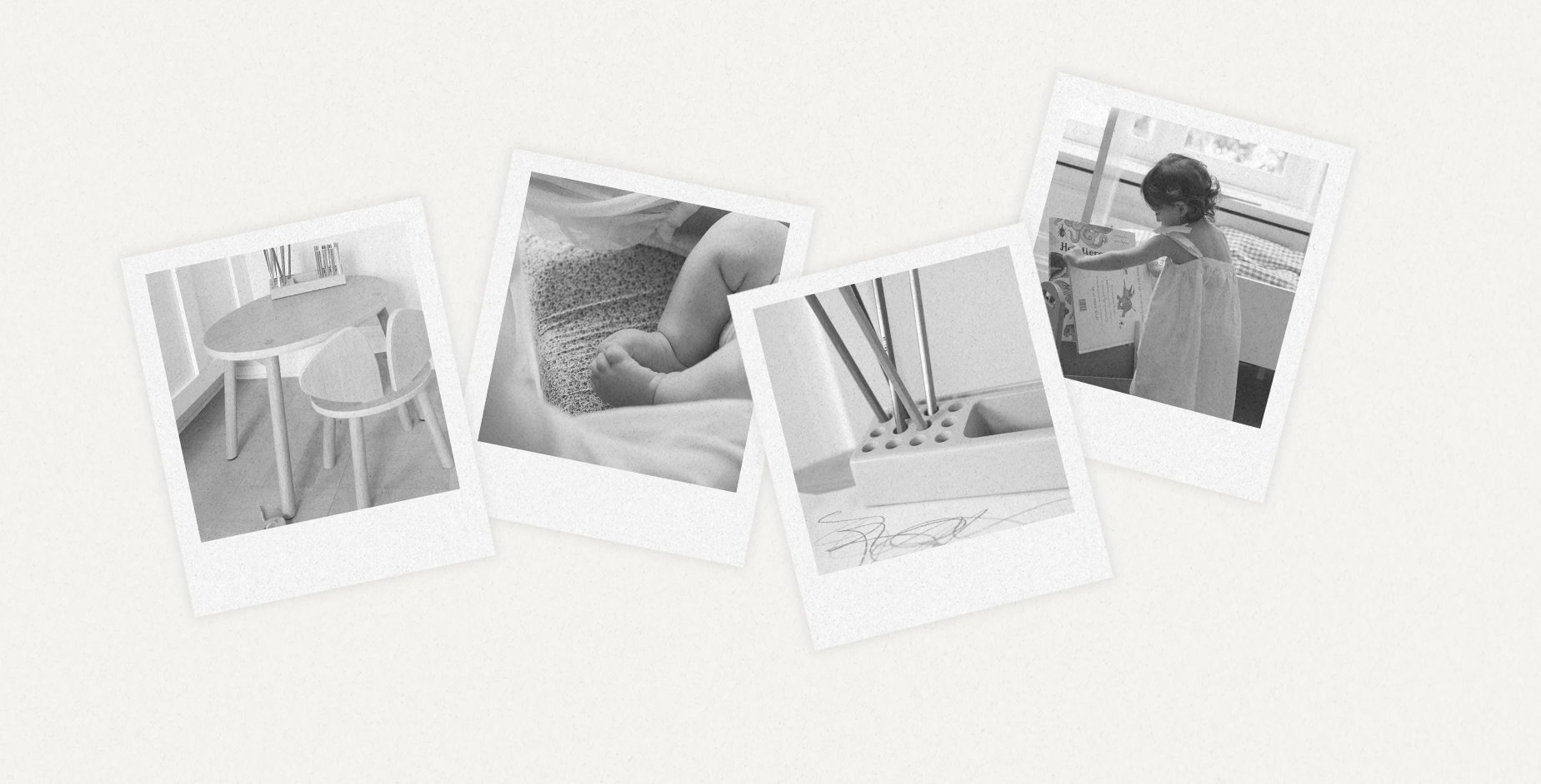 Black and white photo collage of various scenes on a light gray background
