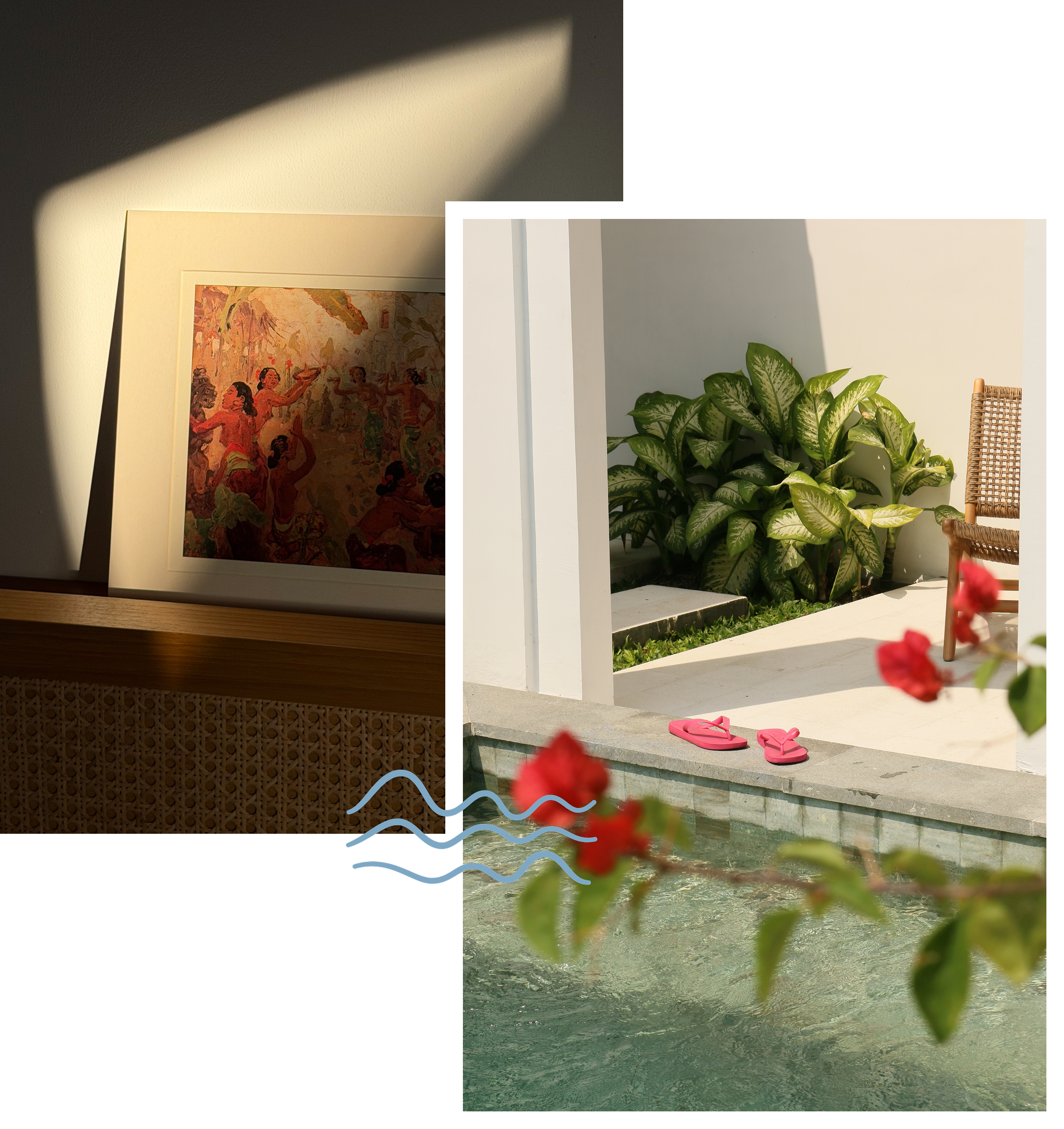Collage of a framed artwork, a garden with a chair, and a pool with flowers.