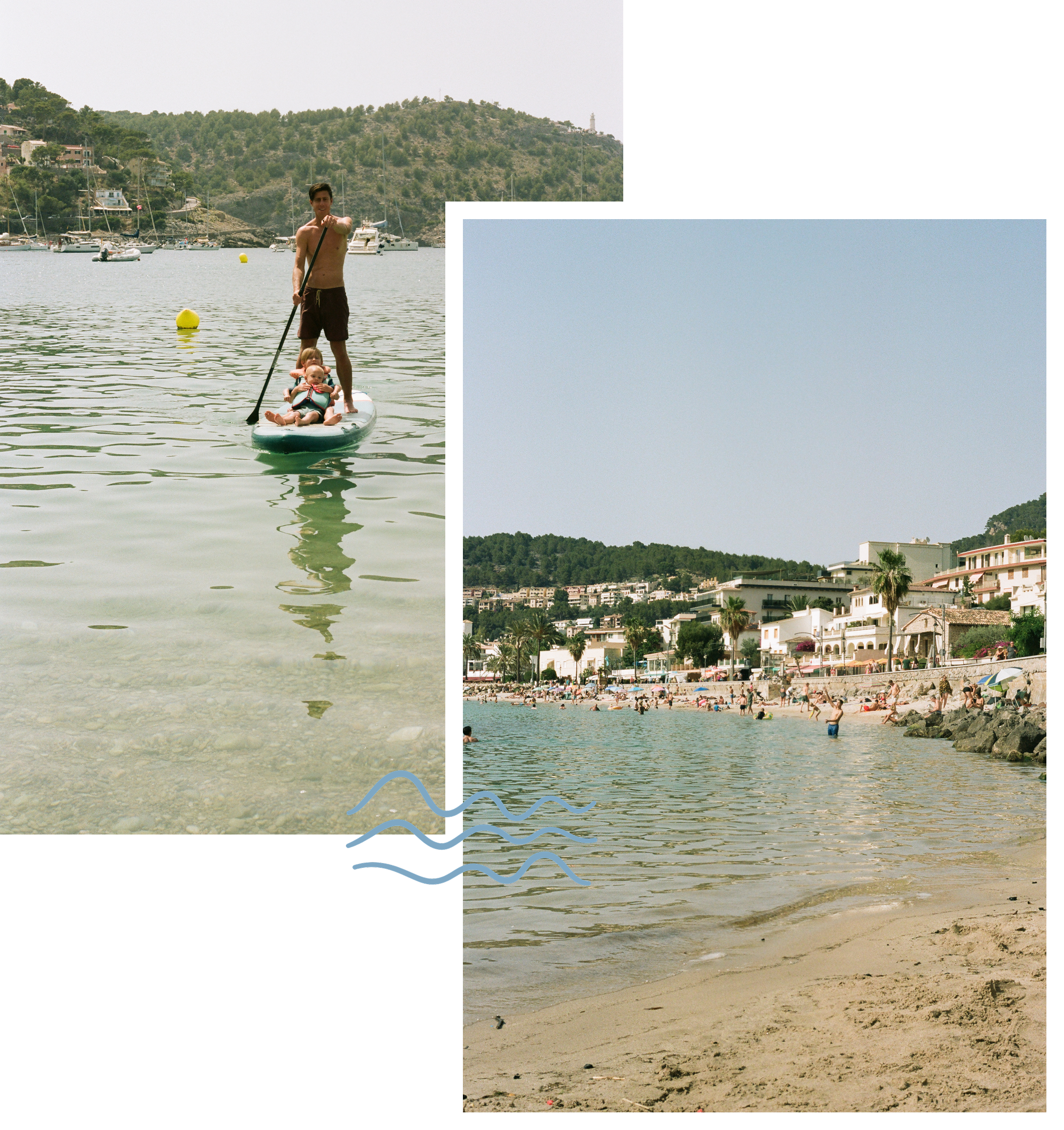 A collage-style travel scene showing a man and child paddleboarding on calm blue water, with a beach and coastal town visible in the background. The left panel focuses on the paddleboarder on a light blue paddleboard, while the right panel shows a wide beach and seaside buildings under a pale blue sky.