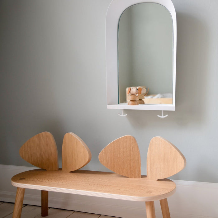 Bench for kids in wood, placed underneath mirror 